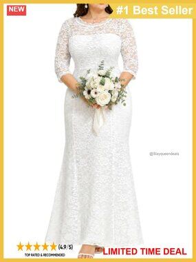 Plus Size Mermaid Lace Wedding Dress Formal Evening Gown 3/4 Sleeve